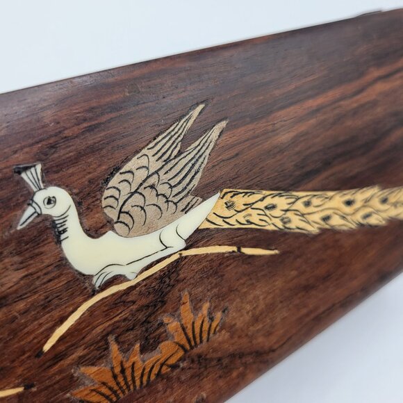 Vintage Handcrafted Wooden Jewelry Trinket Box Inlaid Peacock Design Metal Latch - Picture 11 of 16